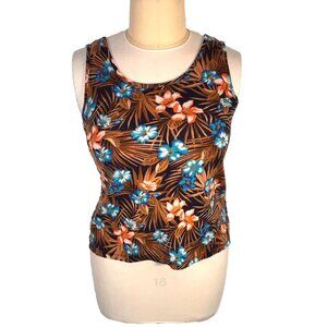 Lands' End - Womens L Tank Top Tropical Print Long Sleeve Turtleneck Navy Blue